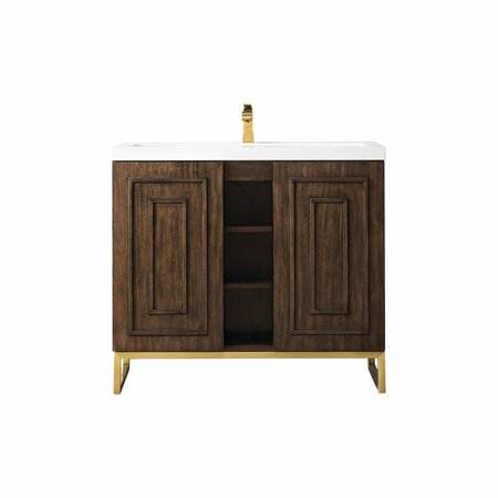 JAMES MARTIN VANITIES Alicante 39.5in Single Vanity, Mid-Century Acacia, Radiant Gold w/ White Glossy Composite Stone Top E110V39.5MCARGDWG